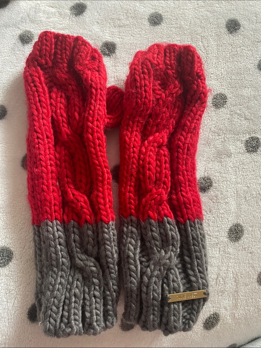 Nine West Red and Gray Cable Knit Fingerless Mittens